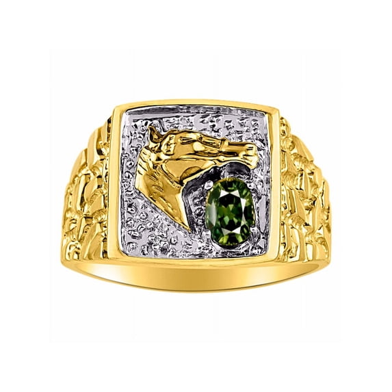 RYLOS Mens Rings 14K Yellow Gold Rings Lucky Nugget Horse Head 6X4MM Gemstone & Genuine Diamond Ring Green Sapphire September Birthstone Rings For Men, Men's Rings, Gold Rings Sizes 8,9,10,11,12,13