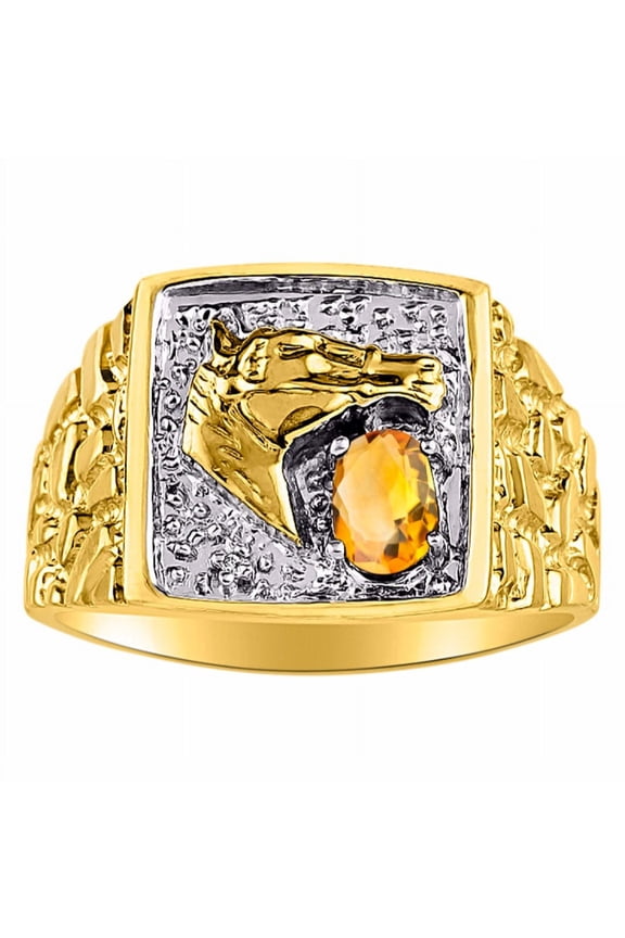 Mens Rings 14K Yellow Gold Rings Lucky Nugget Horse Head 6X4MM Oval Gemstone & Genuine Diamond Ring Citrine November Birthstone Rings For Men, Men's Rings, Gold Rings Sizes 8,9,10,11,12,13