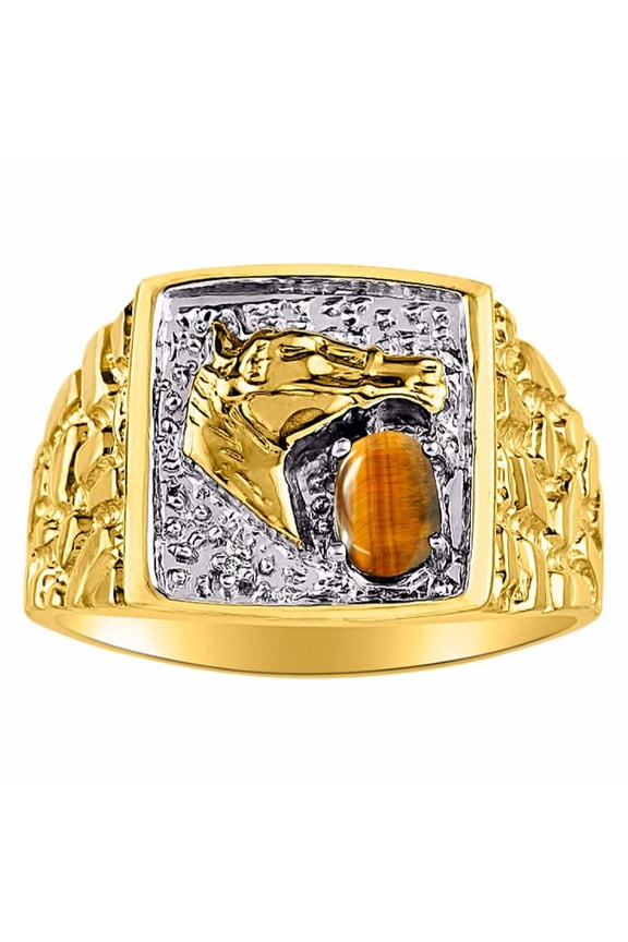 Mens Rings 14K Yellow Gold Rings Lucky Nugget Horse Head 6X4MM Oval Gemstone & Genuine Diamond Ring Tiger Eye November Birthstone Rings For Men, Men's Rings, Gold Rings Sizes 8,9,10,11,12,13