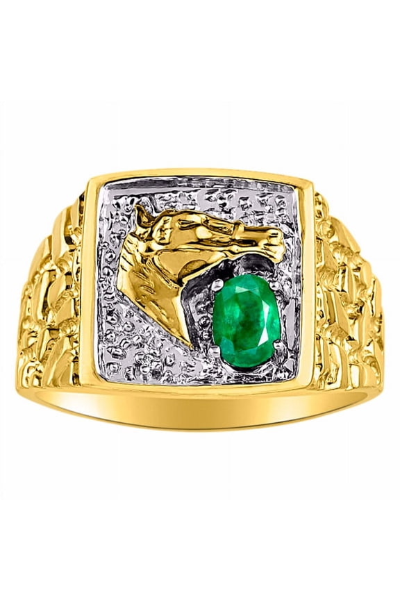 Mens Rings 14K Yellow Gold Rings Lucky Nugget Horse Head 6X4MM Oval Gemstone & Genuine Sparkling Diamond Ring Emerald May Birthstone Rings For Men, Men's Rings, Gold Rings Size 8,9,10,11,12,13