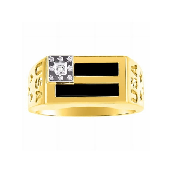 RYLOS Men's Rings 14K Yellow Gold USA Flag Designer Ring With Diamonds and Black Onyx Rings For Men Size 9
