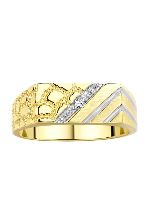 Men's Rings Yellow Gold Plated Silver Classic 1/2 Nugget Design Ring with Diamonds, Great Mens Jewelry Size 6