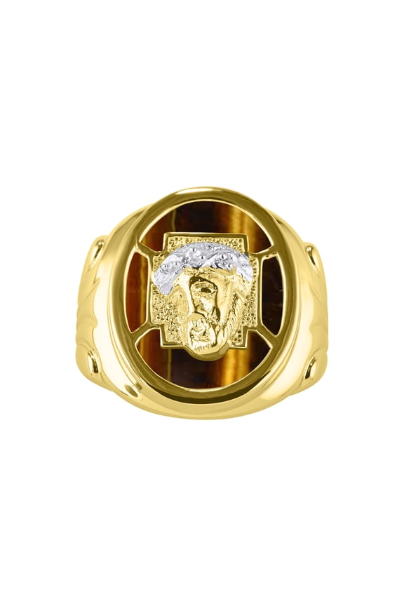 Men's Rings Yellow Gold Plated Silver Christ Head Religious Ring With Diamonds and Tiger Eye Tiger Eye Designer Men's Jewelry Size 13