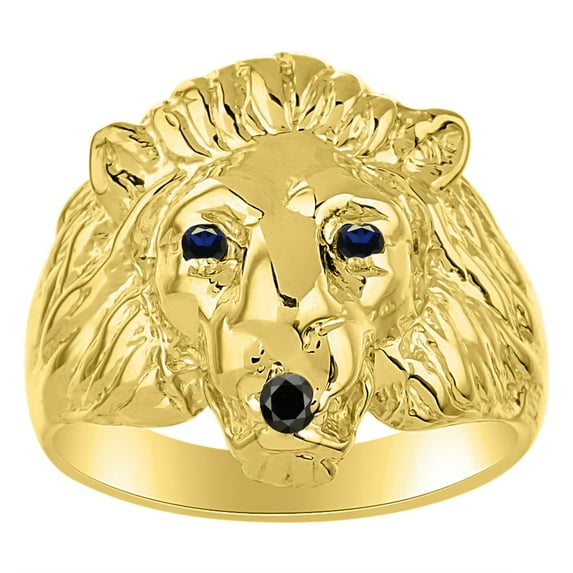 RYLOS Lion Head Ring Black Diamond Mouth & Gemstone Eyes Designer Rings Sapphire Jewelry Yellow Gold Plated Silver Size 13
