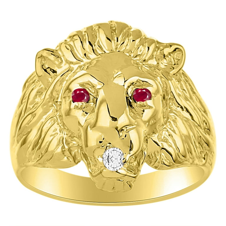 RYLOS Mens Rings Gold Plated Silver Lion Head Ring Genuine Diamond