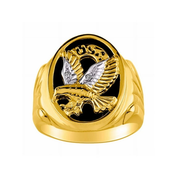 RYLOS Men's Rings Yellow Gold Plated Silver Ring Designer Patriotic Eagle USA Ring With Diamonds and Black Onyx Rings For Men Size 13