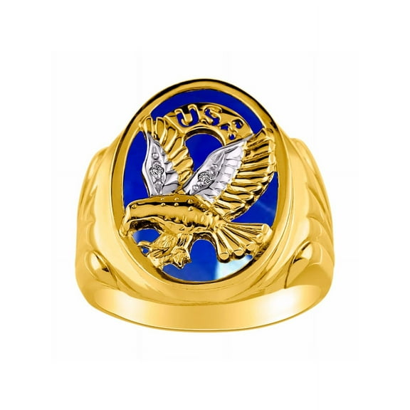 RYLOS Men's Rings Yellow Gold Plated Silver Ring Designer Patriotic Eagle USA Ring With Diamonds and Blue Quartz Rings For Men Size 12