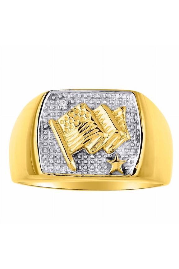 Men's Patriotic USA Flag Ring with Diamond – Men's Jewelry Yellow Gold Plated Silver Size 8