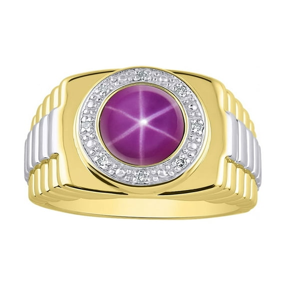 RYLOS Mens Rings Gold Plated Silver Ring Round Shape Cabochon Gemstone & Genuine Diamonds Designer Style Star Ruby Rings For Men Men's Rings Silver Rings Sizes 8,9,10,11,12,13 Mens Jewelry