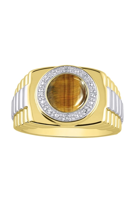 Mens Rings Gold Plated Silver Ring Round Shape Cabochon Gemstone & Genuine Diamonds Designer Style Tiger Eye Rings For Men Men's Rings Silver Rings Sizes 8,9,10,11,12,13 Mens Jewelry