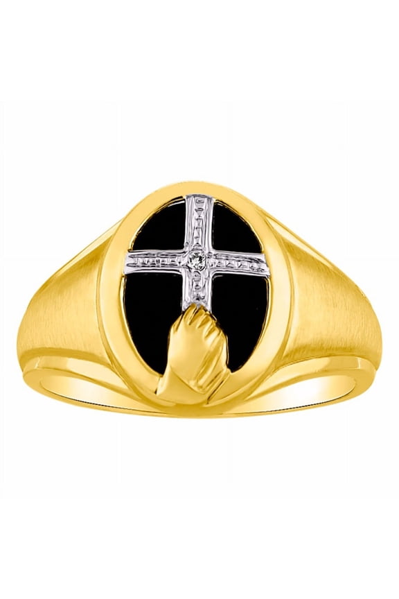 Mens Rings Gold Plated Silver Ring Unisex Religious Cross Prayer Ring With Diamonds and Black Onyx Rings For Men Men's Rings Silver Rings Sizes 8,9,10,11,12,13 Mens Jewelry