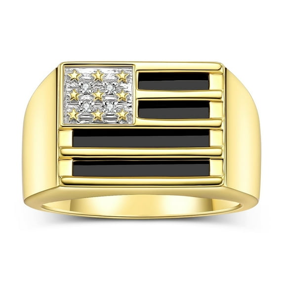 RYLOS Men's Rings Yellow Gold Plated Silver USA Flag Designer Ring With Diamonds and Black Onyx Rings For Men Designer Patriotic Jewelry Size 8