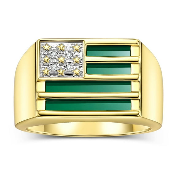 RYLOS Men's Rings Yellow Gold Plated Silver USA Flag Designer Ring With Diamonds and Green Quartz Rings For Men Designer Patriotic Jewelry Size 11