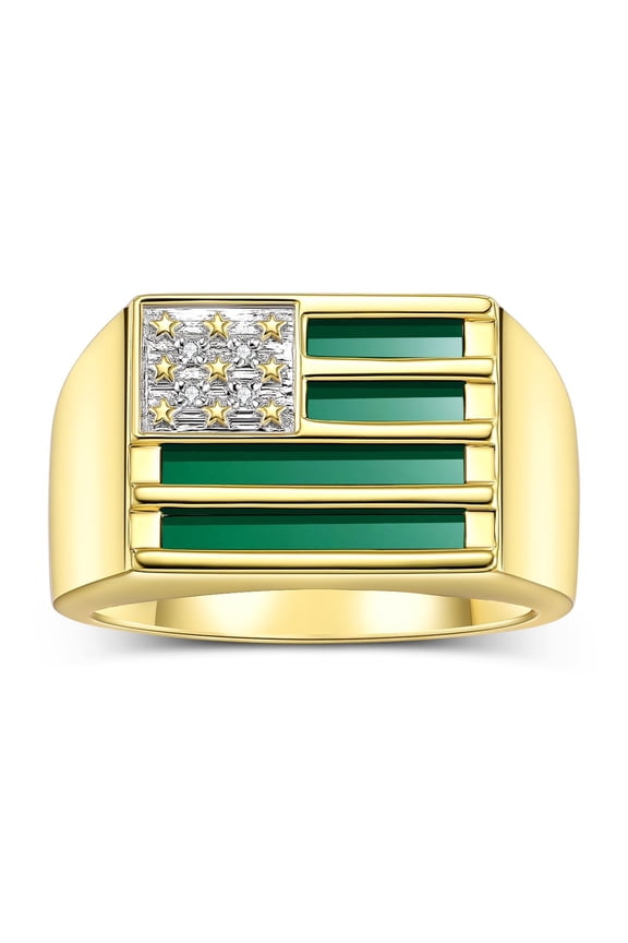 Men's Rings Yellow Gold Plated Silver USA Flag Designer Ring With Diamonds and Green Quartz Rings For Men Designer Patriotic Jewelry Size 9