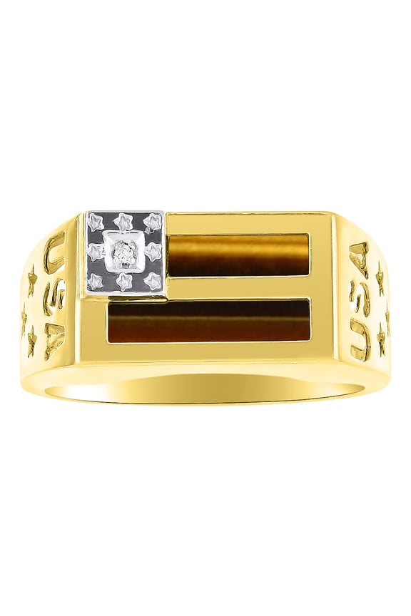 Men's Rings Yellow Gold Plated Silver USA Flag Designer Ring With Diamonds and Tiger Eye Rings For Men Size 8