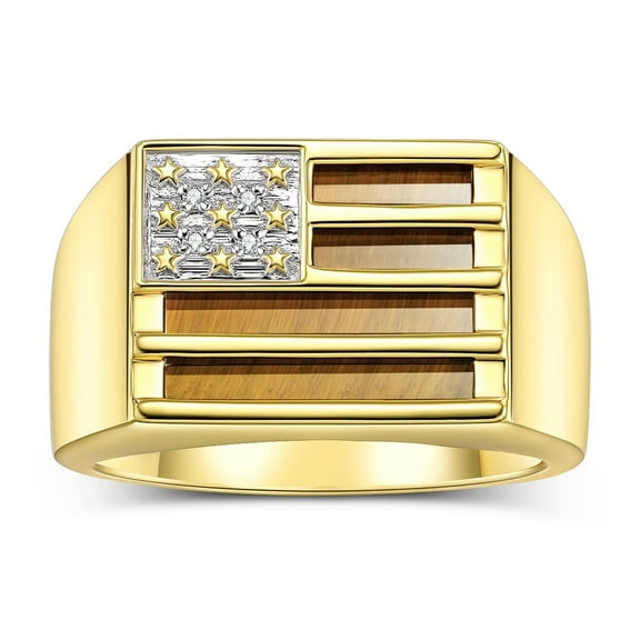 RYLOS Men's Rings Yellow Gold Plated Silver USA Flag Designer Ring With Diamonds and Tiger Eye Rings For Men Designer Patriotic Jewelry Size 10