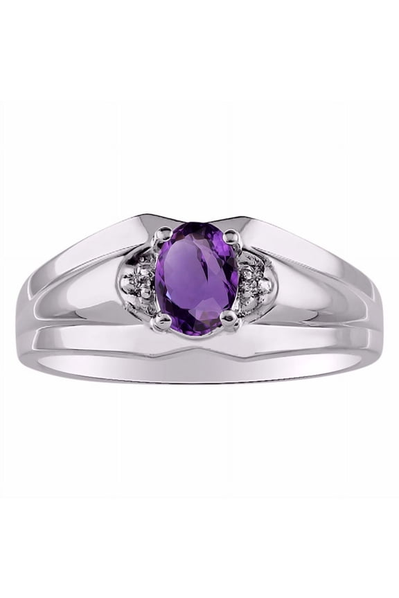 Mens Rings Sterling Silver Classic Design 7X5MM Oval Gemstone & Diamond Amethyst February Birthstone Ring Size 11