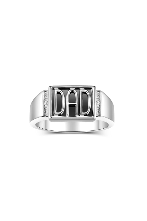 Men's Rings Sterling Silver DAD Ring With Diamonds and Black Onyx; Rings For Men Designer Mens Jewelry Size 8