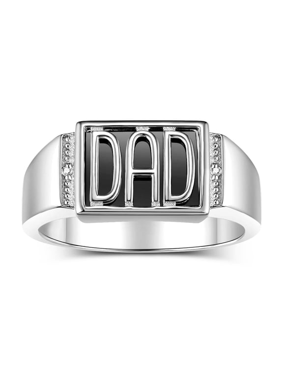 Men's Rings Sterling Silver DAD Ring With Diamonds and Black Onyx; Rings For Men Designer Mens Jewelry Size 12