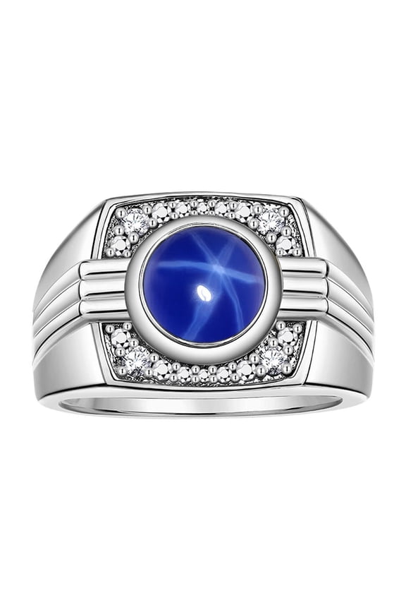 Mens Rings Sterling Silver Designer Round Gemstone & Diamond Ring Blue Star Sapphire September Birthstone Rings For Men, Men's Rings, Silver Rings, Sizes 8 - 13
