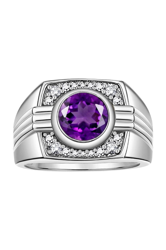 Mens Rings Sterling Silver Designer Round Gemstone & Sparkling Diamond Ring Amethyst February Birthstone Rings For Men, Men's Rings, Silver Rings, Sizes 8 - 13
