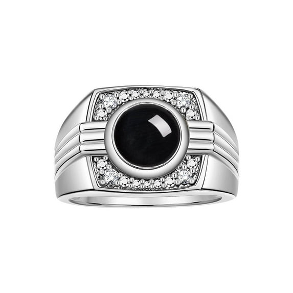 RYLOS Mens Rings Sterling Silver Designer Round Gemstone & Sparkling Diamond Ring Cabochon Onyx October Birthstone Rings For Men, Men's Rings, Silver Rings, Sizes 8 - 13