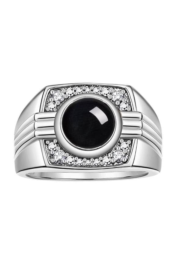Mens Rings Sterling Silver Designer Round Gemstone &  Sparkling Diamond Ring Cabochon Onyx October Birthstone Rings For Men, Men's Rings, Silver Rings, Sizes 8 - 13