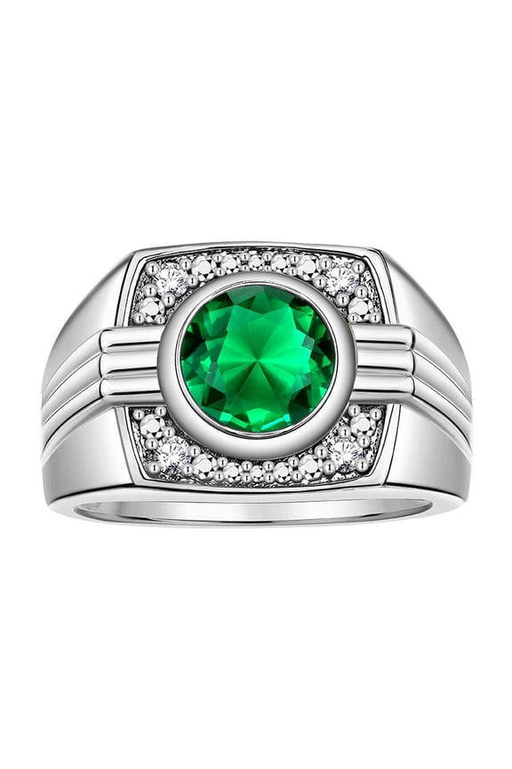 Mens Rings Sterling Silver Designer Round Gemstone & Sparkling Diamond Ring Emerald May Birthstone Rings For Men, Men's Rings, Silver Rings, Sizes 8 - 13