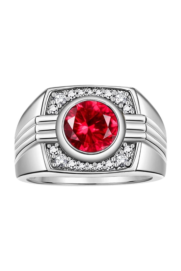 Mens Rings Sterling Silver Designer Round Gemstone &  Sparkling Diamond Ring Ruby July Birthstone Rings For Men, Men's Rings, Silver Rings, Sizes 8 - 13