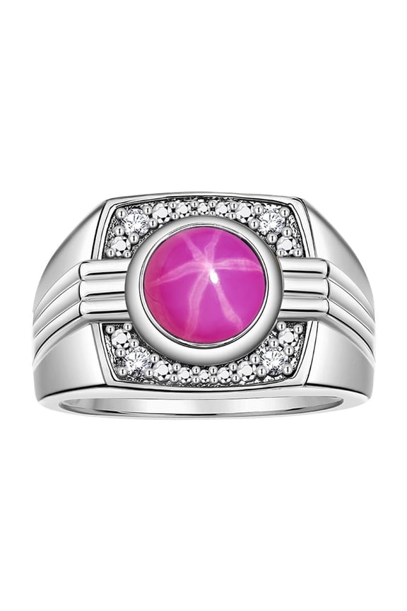 Mens Rings Sterling Silver Designer Round Gemstone &  Sparkling Diamond Ring Star Ruby July Birthstone Rings For Men, Men's Rings, Silver Rings, Sizes 8 - 13