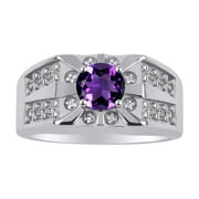 RYLOS Mens Rings Sterling Silver Designer Starburst 7MM Oval Gemstone & Genuine Sparkling Diamond Ring Amethyst February Birthstone Rings For Men, Men's Rings, Silver Rings, Sizes 8,9,10,11,12,13