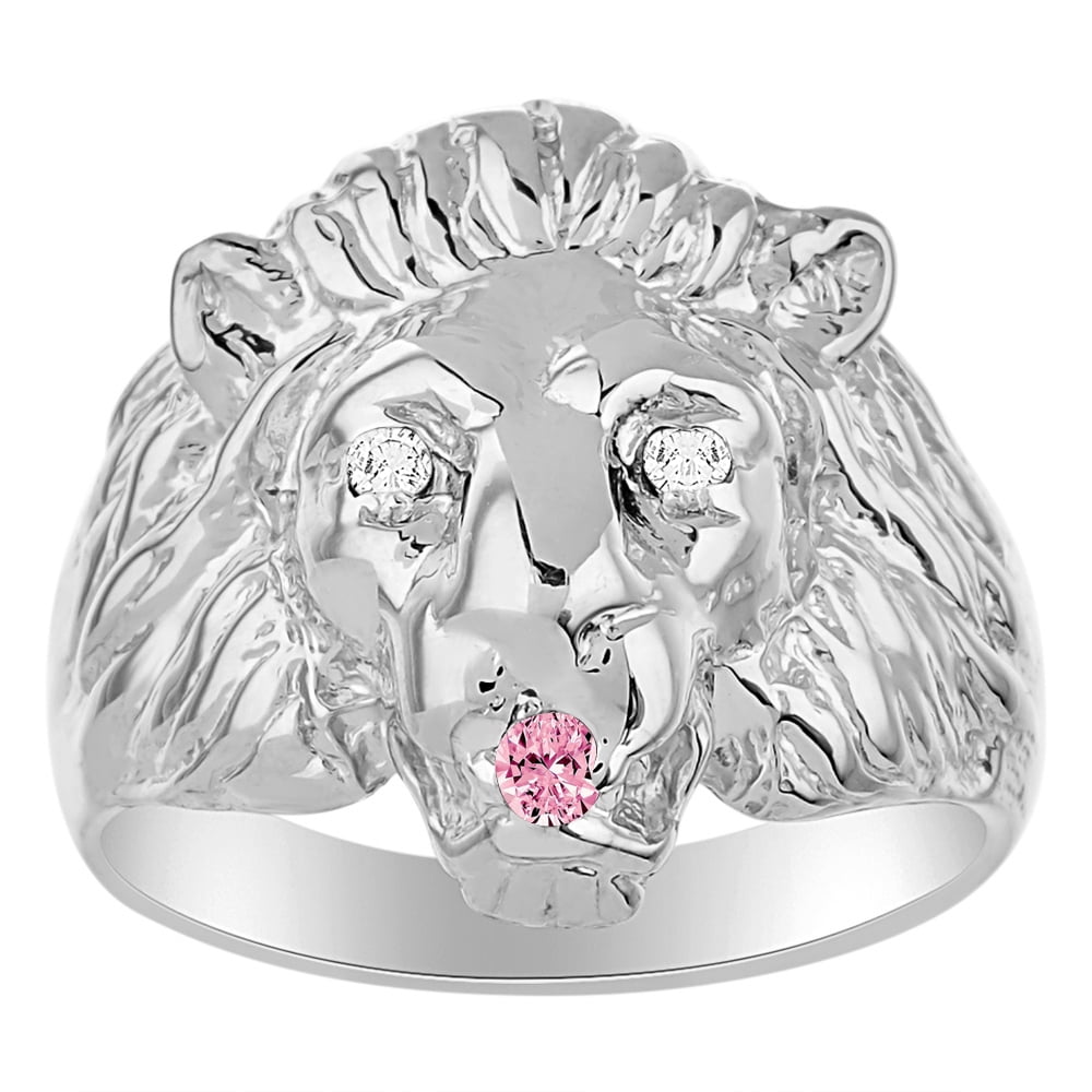 RYLOS Men's Sterling Silver Lion Head Ring With Birthstone Eyes & Diamond Mouth – Conversation Starter Jewelry