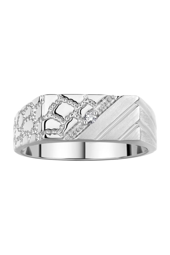 Men's Rings Sterling Silver Classic 1/2 Nugget Design Ring with Diamonds, Great Mens Jewelry Size 10