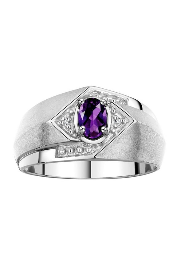 Mens Rings Sterling Silver Ring 6X4MM Oval Shape Gemstone & Diamond Ring Amethyst February Birthstone Rings For Man Silver Rings, Size 8