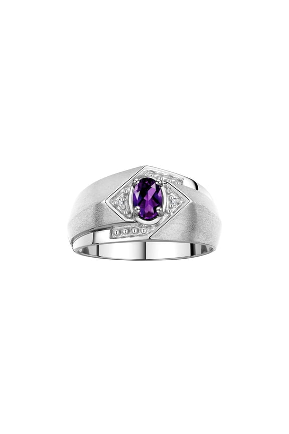 Mens Rings Sterling Silver Ring 6X4MM Oval Shape Gemstone & Diamond Ring Amethyst February Birthstone Rings For Man Silver Rings, Size 9