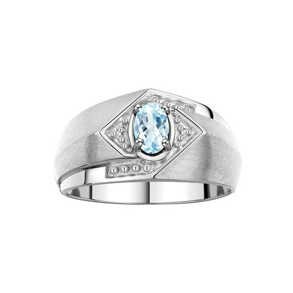 RYLOS Mens Rings Sterling Silver Ring 6X4MM Oval Shape Gemstone & Diamond Ring Aquamarine March Birthstone Rings For Man Silver Rings, Size 13