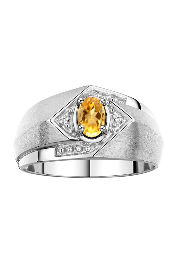 Mens Rings Sterling Silver Ring 6X4MM Oval Shape Gemstone & Diamond Ring Citrine November Birthstone Rings For Man Silver Rings, Size 10