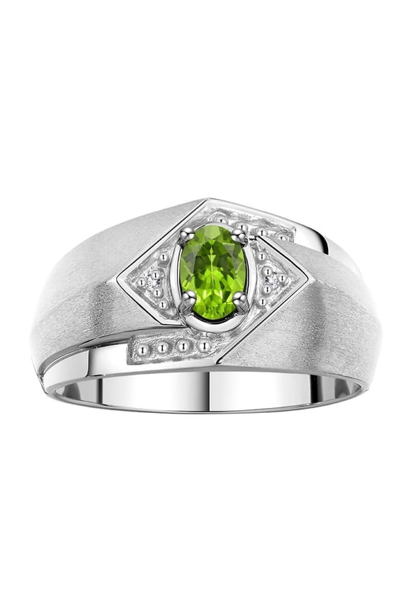 Mens Rings Sterling Silver Ring 6X4MM Oval Shape Gemstone & Diamond Ring Peridot August Birthstone Rings For Man Silver Rings, Size 10
