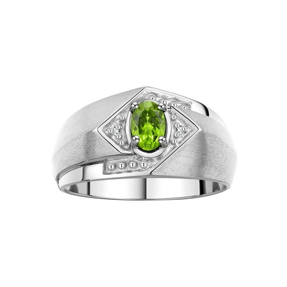 RYLOS Mens Rings Sterling Silver Ring 6X4MM Oval Shape Gemstone & Diamond Ring Peridot August Birthstone Rings For Man Silver Rings, Size 8