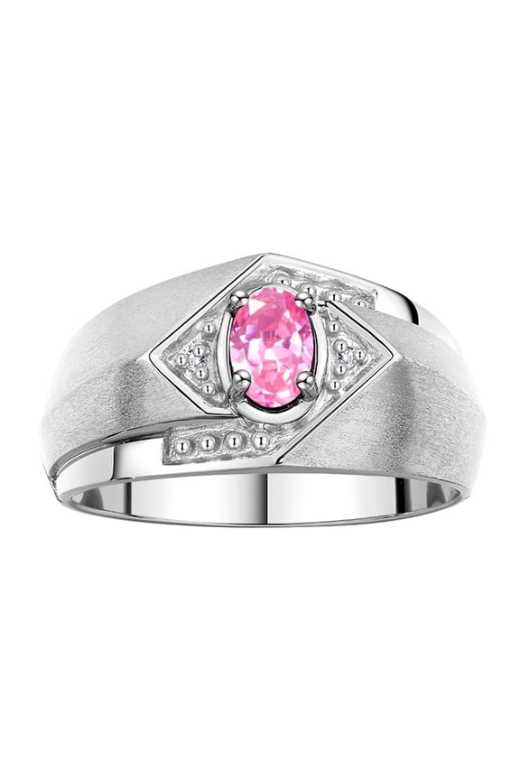Mens Rings Sterling Silver Ring 6X4MM Oval Shape Gemstone & Diamond Ring Pink Ice October Birthstone Rings For Man Silver Rings, Size 10