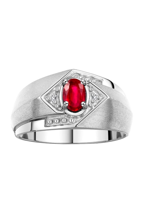 Mens Rings Sterling Silver Ring 6X4MM Oval Shape Gemstone & Diamond Ring Ruby July Birthstone Rings For Man Silver Rings, Size 13