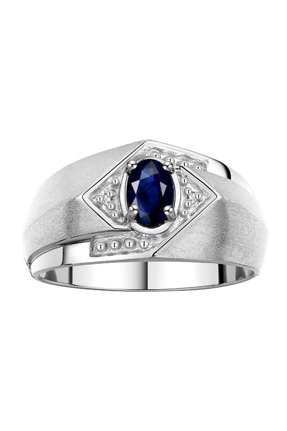 Mens Rings Sterling Silver Ring 6X4MM Oval Shape Gemstone & Diamond Ring Sapphire September Birthstone Rings For Man Silver Rings, Size 13