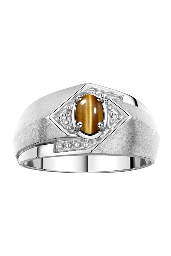 Mens Rings Sterling Silver Ring 6X4MM Oval Shape Gemstone & Diamond Ring Tiger Eye November Birthstone Rings For Man Silver Rings, Size 8