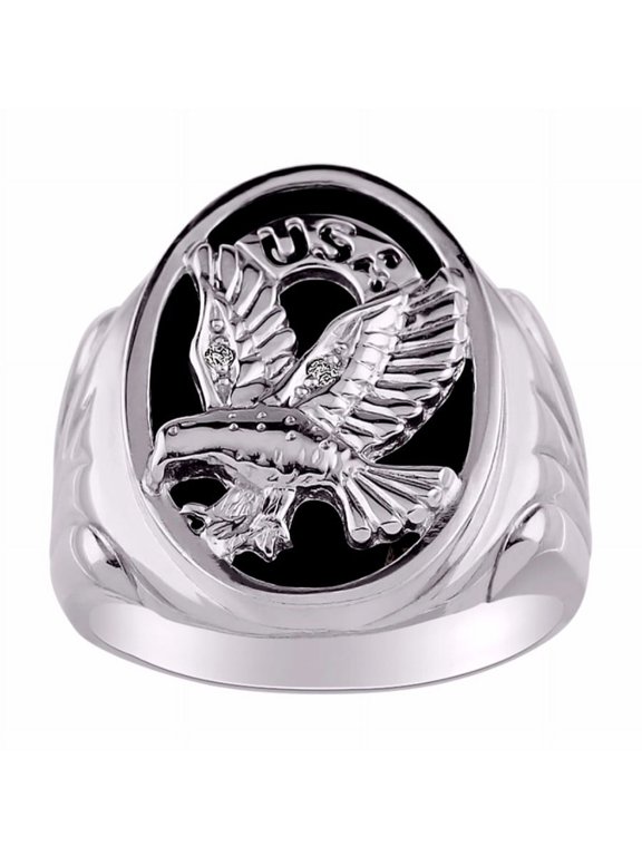 Men's Rings Sterling Silver Ring Designer Patriotic Eagle USA Ring With Diamonds and Black Onyx Rings For Men Size 11