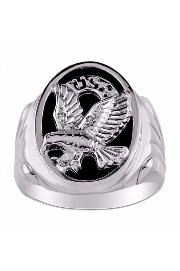Men's Rings Sterling Silver Ring Designer Patriotic Eagle USA Ring With Diamonds and Black Onyx Rings For Men Size 11