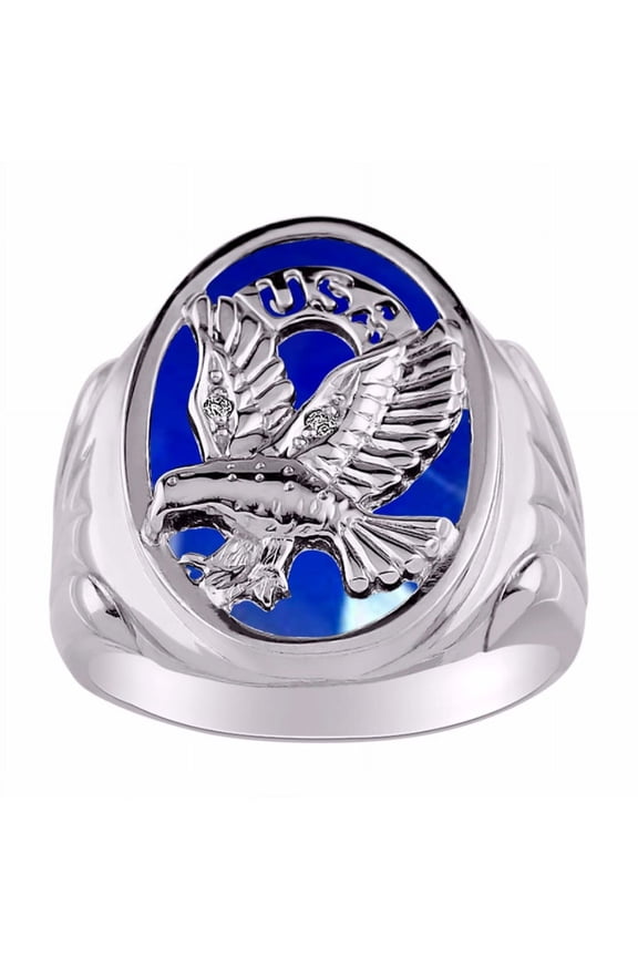 Men's Rings Sterling Silver Ring Designer Patriotic Eagle USA Ring With Diamonds and Blue Quartz Rings For Men Size 9