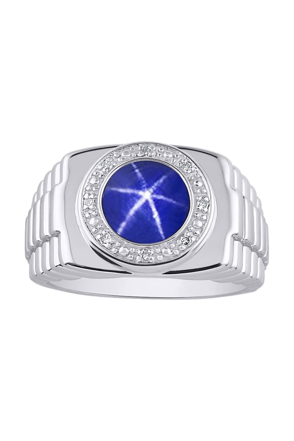 Mens Rings Sterling Silver Ring Round Shape Cabochon Gemstone & Genuine Diamonds Designer Style  Blue Star  Sapphire Rings For Men Men's Rings Silver Rings Sizes 8,9,10,11,12,13 Mens Jewelry