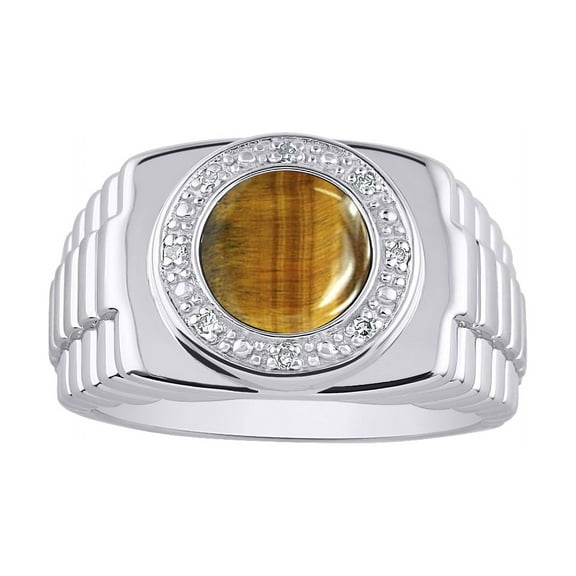 RYLOS Mens Rings Sterling Silver Ring Round Shape Cabochon Gemstone & Genuine Diamonds Designer Style Tiger Eye Rings For Men Men's Rings Silver Rings Sizes 8,9,10,11,12,13 Mens Jewelry