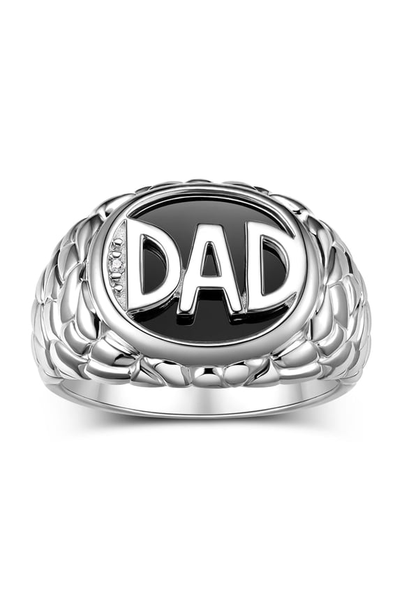Mens Rings Sterling Silver Ring With Diamonds and Black Onyx Designer DAD Ring; Rings For Men Size 10