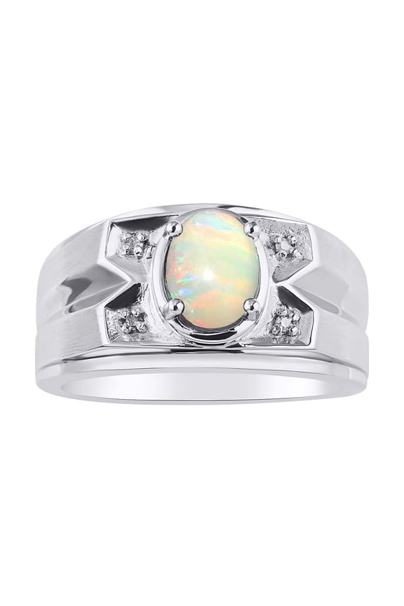 Mens Rings Sterling Silver Rings Classic Designer Style 8X6MM Oval Gemstone & Genuine Sparkling Diamond Ring  Opal October Birthstone Rings For Men Men's Rings Silver Rings, Size 8,9,10,11,12,13